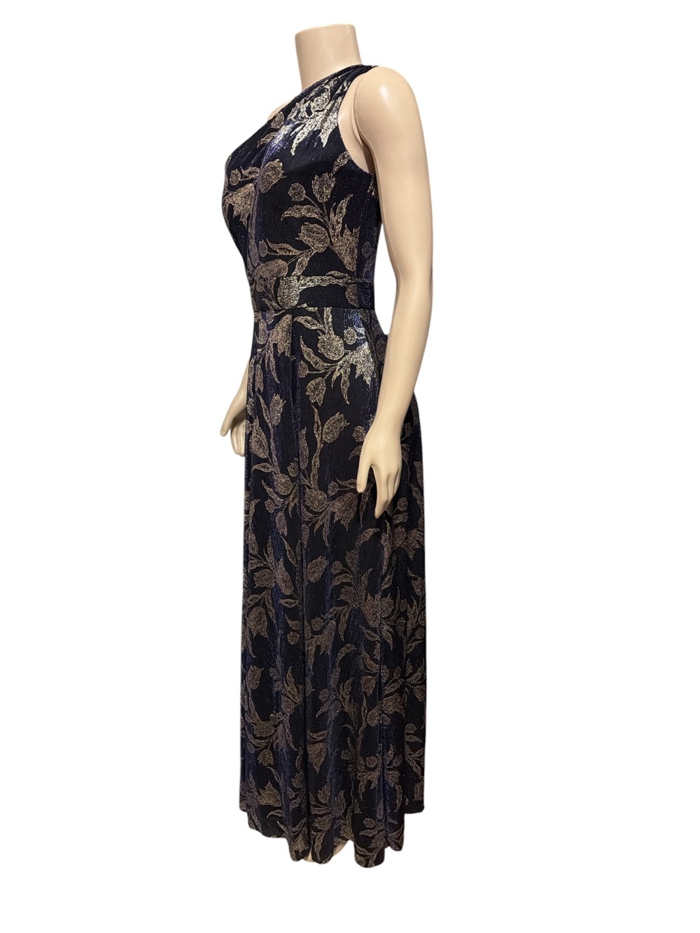 NWT Betsy & Adam Sz 6 Navy Gold Metallic Floral One-Shoulder Evening Gown $278 - Picture 4 of 9